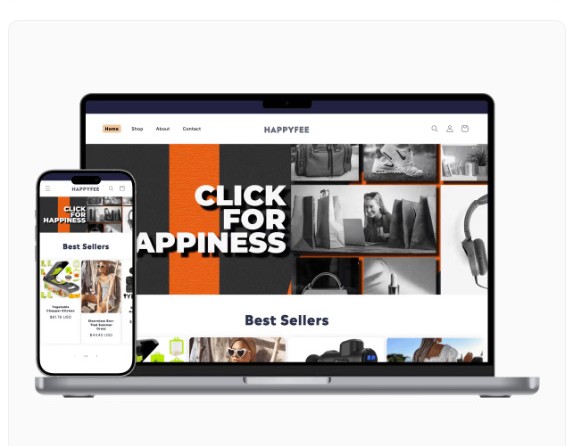 HAPPYFEE e-commerce store mockup on laptop and phone