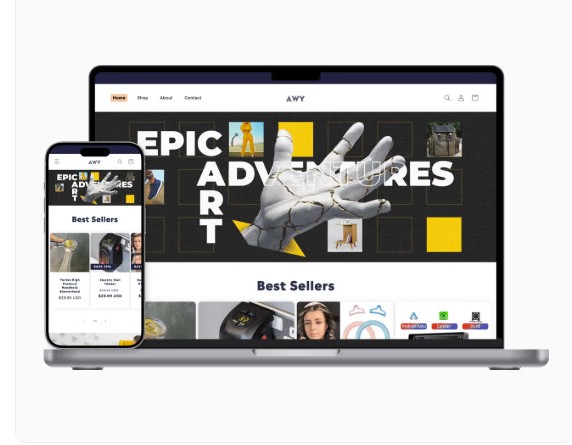 AWY e-commerce store mockup on laptop and phone