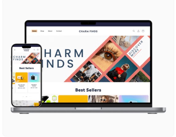 CHARM FINDS e-commerce store mockup on laptop and phone