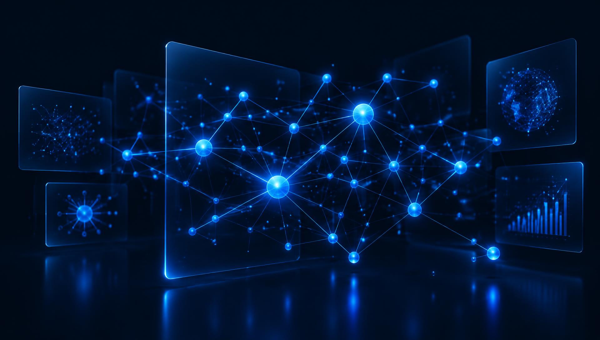 Glowing electric-blue data network representing a scalable research e-commerce operation